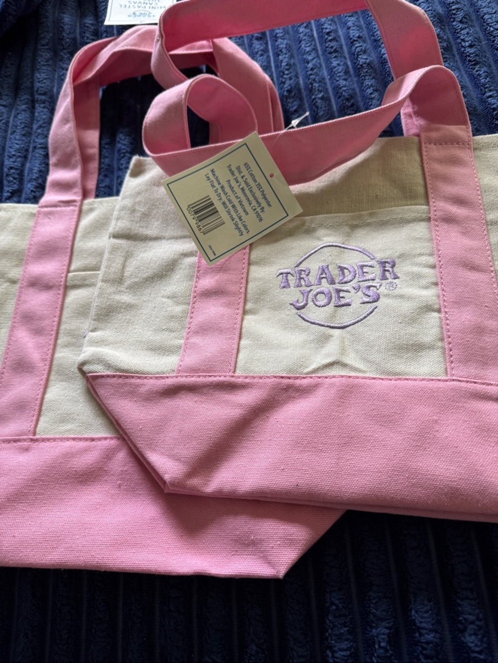 Trader Joe’s mini Pink set of 2 Pink-Trim Canvas Tote Bag - Picture 2 of 2